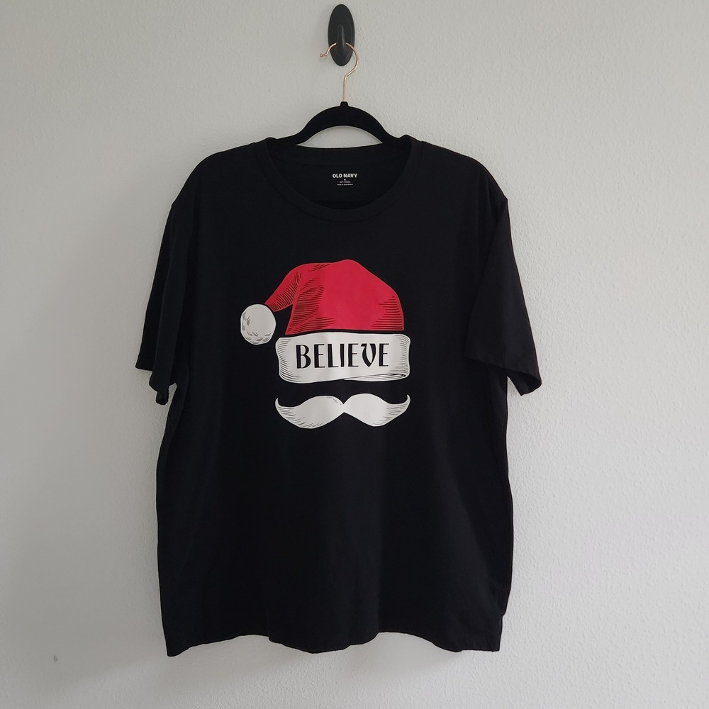 Mens Believe Santa Graphic Tee Black Christmas T-Shirt size XL